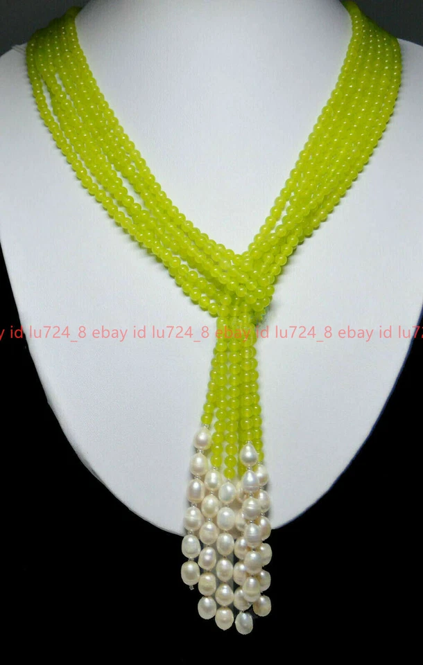 3 Strands Natural 4mm Gemstone Round Beads&7-8mm White Pearl Scarf Necklace 50'' - Image 4 of 4