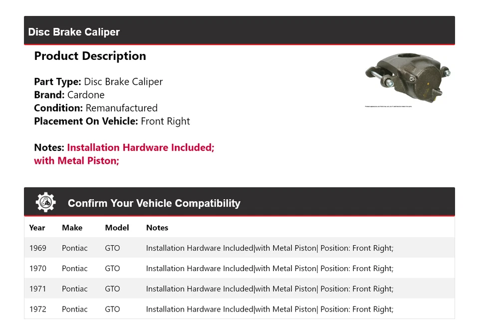 For 1969-1972 Pontiac GTO Disc Brake Caliper Front Right Cardone 1970 1971 - Image 2 of 4