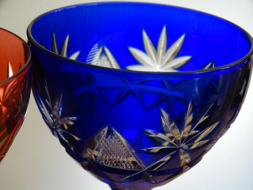 VAL ST LAMBERT 2 ANCIENS VERRE A VIN ROEMER CRISTAL ORANGE ET BLEU ht 19 cm - Photo 4/4