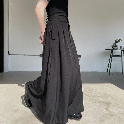Pantalones largos plisados de pierna ancha para hombre culotte gótico japonés negro - Imagen 18 de 18