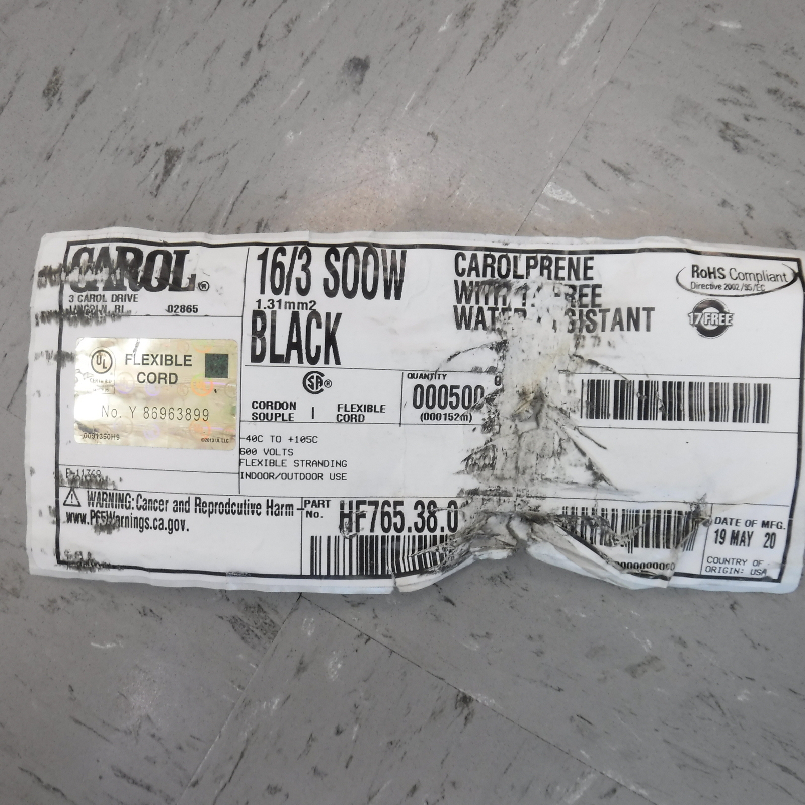 500' Carolprene w/17 FREE Jacketed 16/3 SOOW Flexible Cord 600V Deutsch 11139