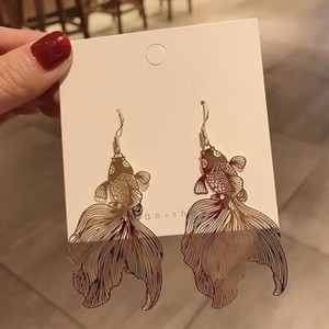 Authentic Chinese Style Personality Gold Plated Fish Metal Love Dangle Earrings