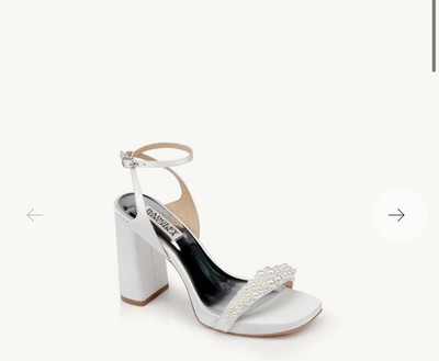 Badgley Mischka Calida Satin Block Heels with Pearled Vamp size 9 white silk
