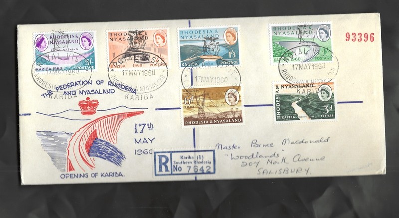 RHODESIA AND NYASA-FDC-1960-KARIBA-REGISTERED-HIGH DENOMS-F-#15