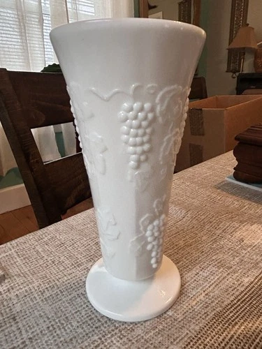 Vintage Colony Harvest Grape Milk Glass Trumpet Vase Paneled Pedestal