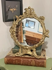 Vintage Ornate Brass Rococo Tabletop Mirror with Floral & Poppy Frame 12”