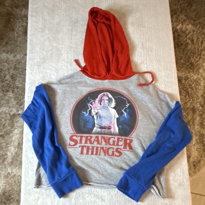 Stranger Things Graphic Hoodie Sweatshirt Size S Gray Red Hood Blue Sleeves