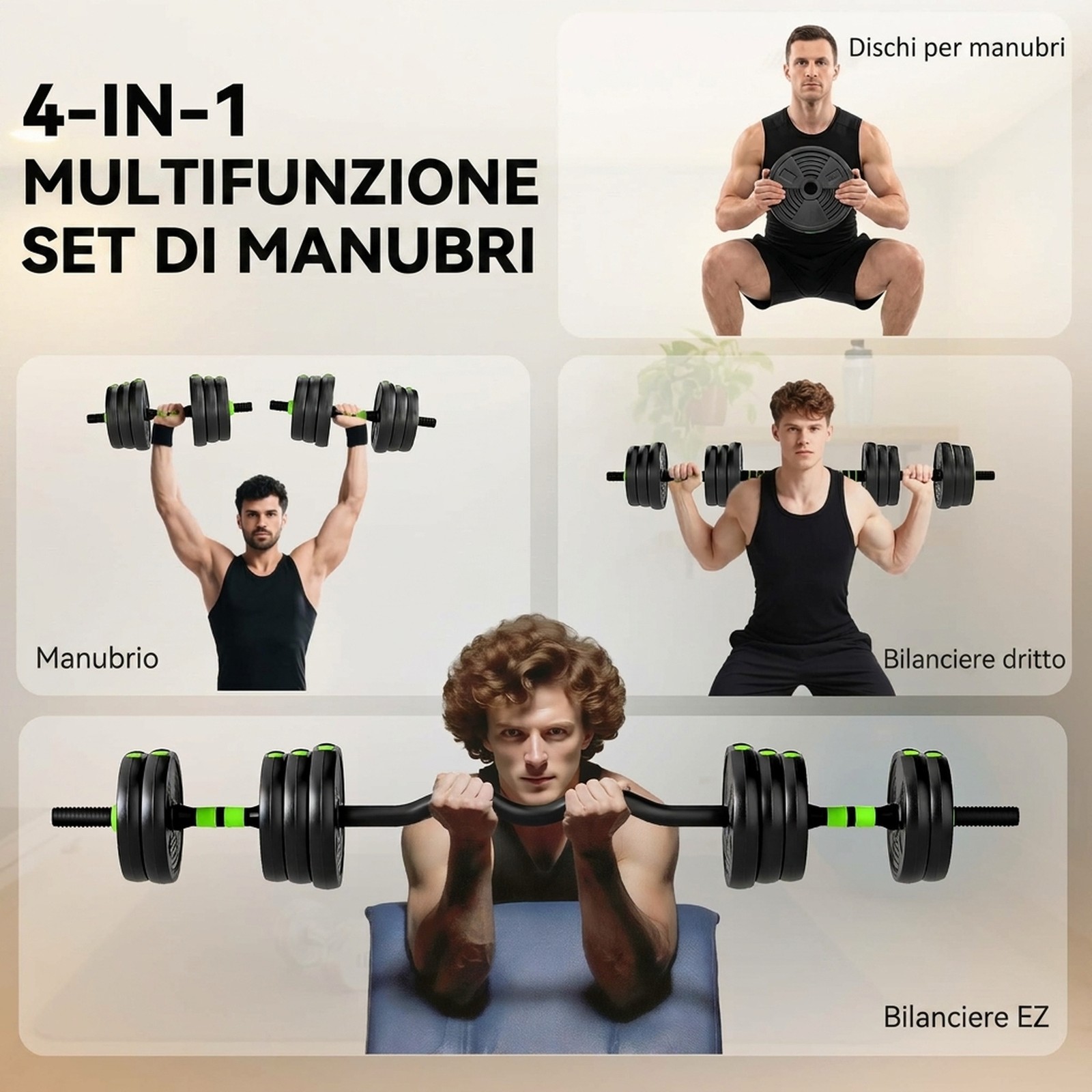 SPORTNOW Set Bilanciere con Pesi 3 in 1 da 16 Dischi in Plastica e Sabbia Verde foto 5
