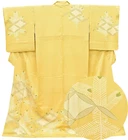 JAPANESE VINTAGE KIMONO SILK JACKET ROBE HOMONGI WEDDING YELLOW 3mt3779