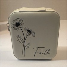 White Floral Faux Leather Zip-Around Lined Travel Jewelry Case Organizer, Square
