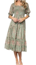 Baltic Born Fabian Jacquard Midi Dress Sz L New Sage Floral Smocked Cottagecore
