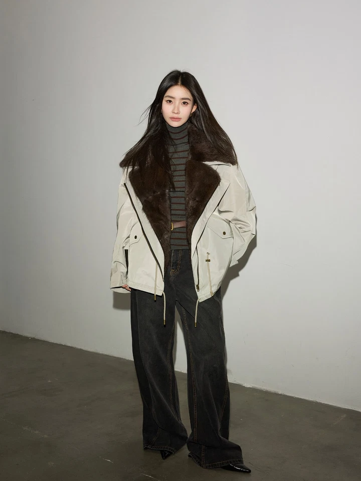 Mink Fur Removable Liner Coats Women's Short 90% White Goose Down Jacket Parka - Image 4 of 4