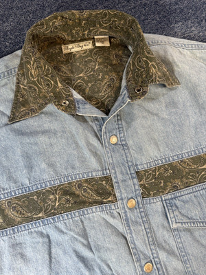 Vintage Bugle Boy Denim Shirt Mens M Long Sleeves Paisley 80s 90s Vintage
