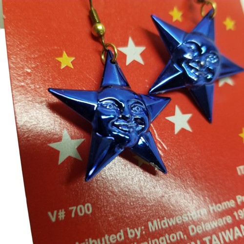 Blue Star Dangle Earrings Face Celestial Space Plastic Lightweight Metallic - Picture 2 of 9