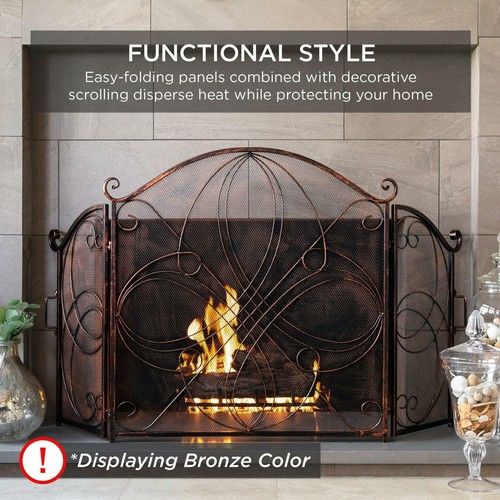 Fireplace Screen Cover Protector 3-Panel Wrought Iron Metal Scroll Design Gold - Picture 6 of 7
