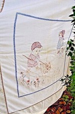 Vintage Blanket Flat Sheet Blanke Cotton Handmade Embroidered for Baby 84 x 70