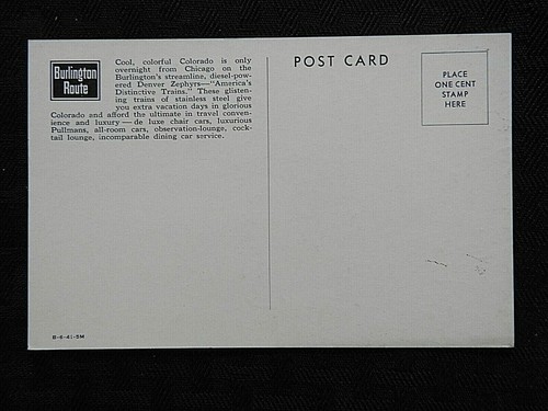 1941 Burlington Route " Rocheux Mountain National Park " Denver Zephyr Postale - Zdjęcie 2 z 2