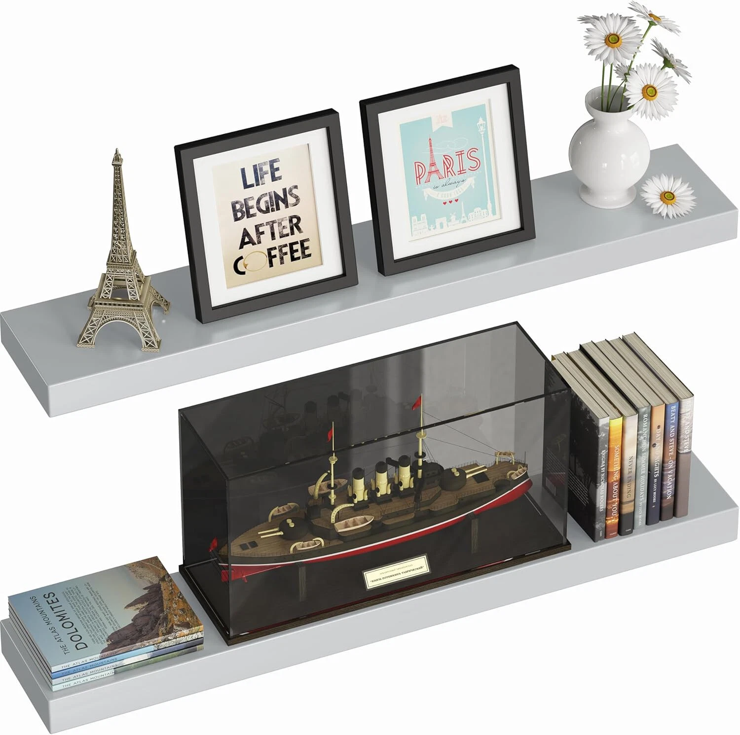 35.5'' Floating Shelves 2 Gray Glossy Finish Solid Wood Sleek Strong *Damage