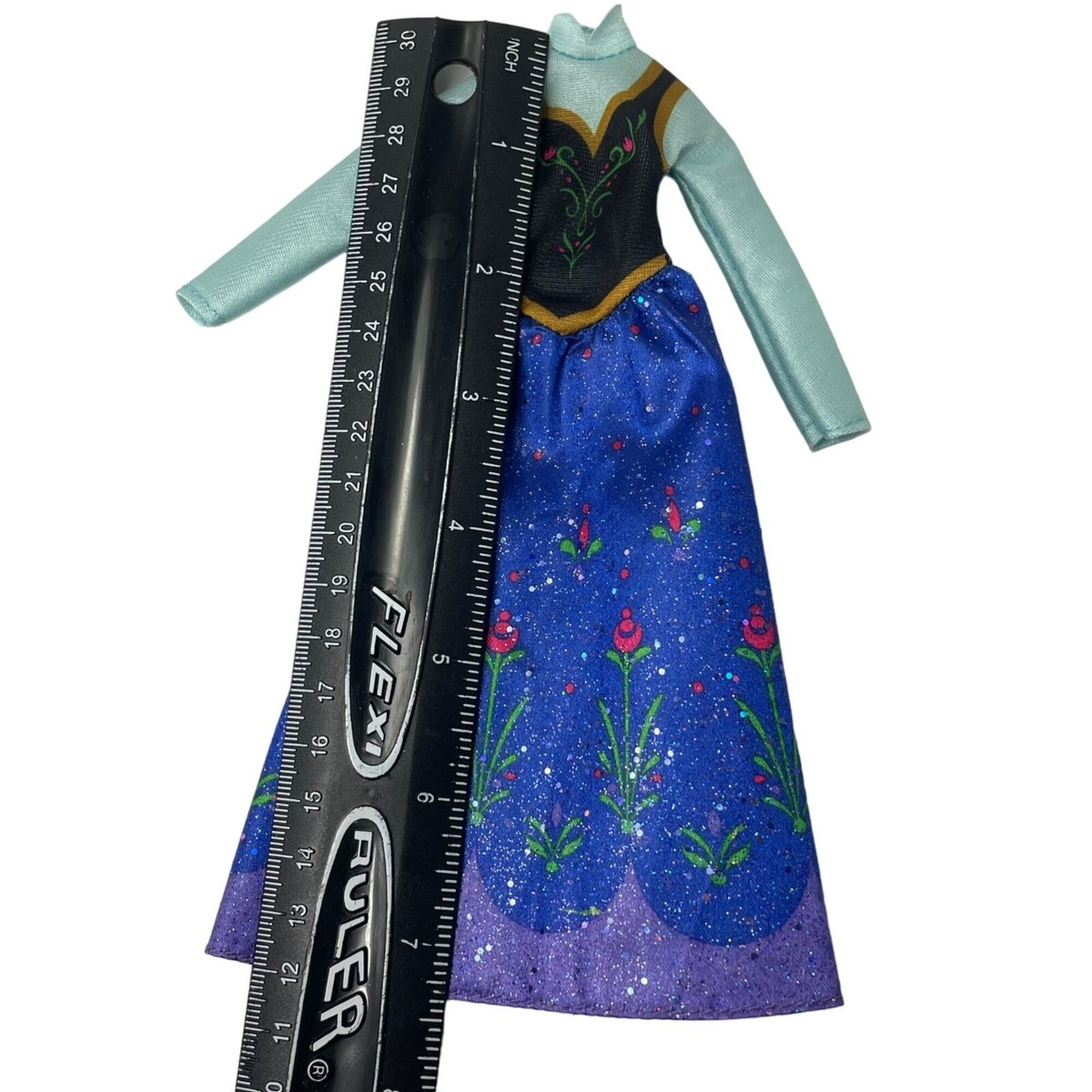Disney Frozen Anna Doll Dress Costume Sparkly Blue Gown With Floral Pattern  | eBay