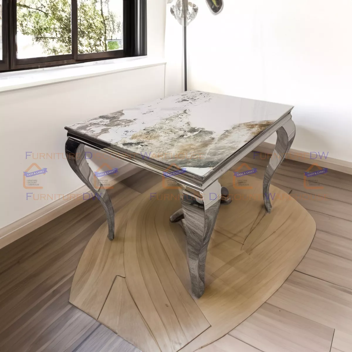 FurnitureDW Luxury Louis 1m x 1m Dining Table Pandora Marble Top w Chrome Legs
