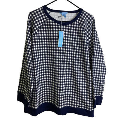 Draper James Gingham Sweatshirt 3X Womens Plus Blue White Pullover Long Sleeve