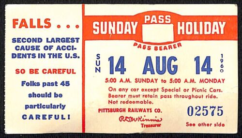 Pittsburgh Railways Ticket Sunday Holiday Pass w/ Safety Advice 1960 VGC Scarce