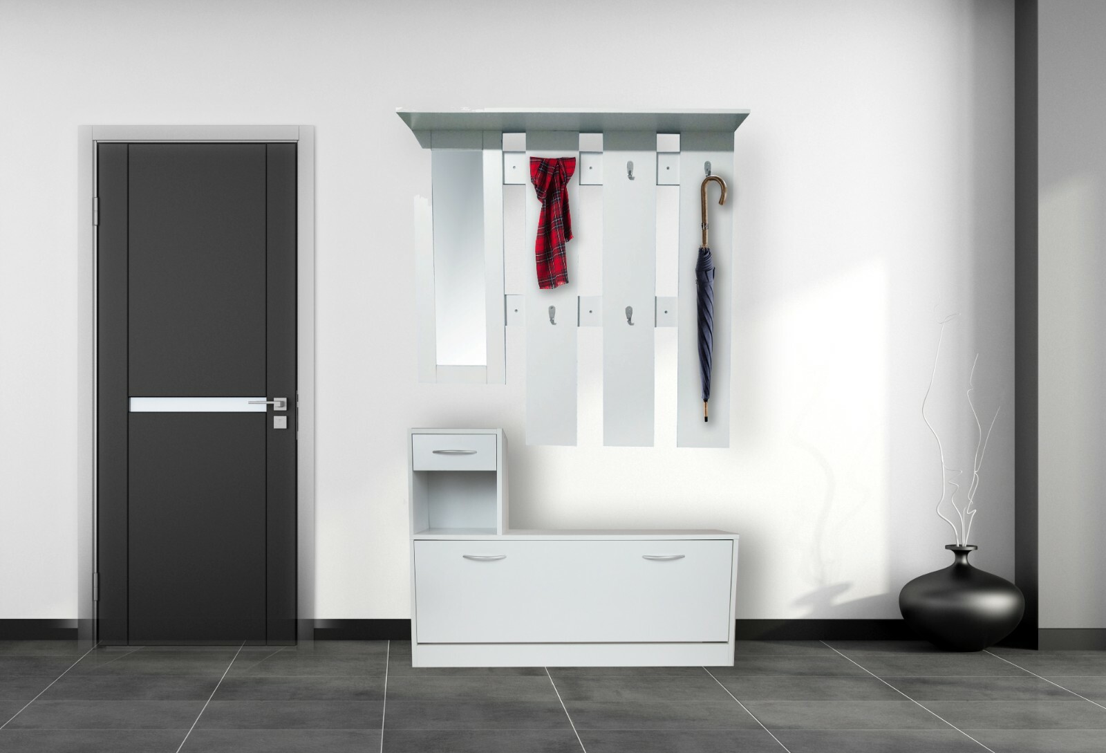 Immagine 11 - APPENDIABITI DA INGRESSO BIANCO: SCARPIERA, CASSETTINO, APPENDIABITI E SPECCHIO