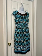 SANGRIA Blue/Brown Cap Sleeve Embellished Collar Abstract Print Dress Sz 8
