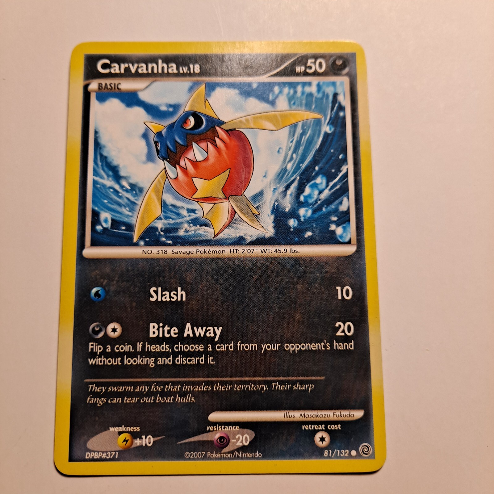 Carvanha Pokemon Card Lv 18 Hp 50 2007 81/132