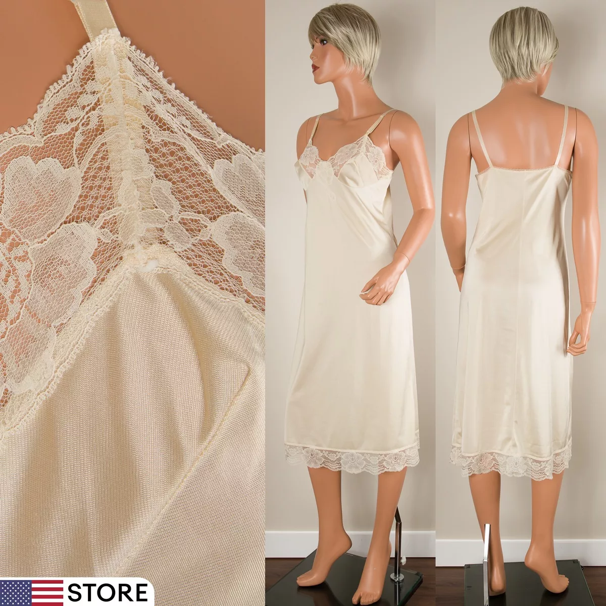 💖 Vintage KAYSER Ivory Full Slip Dress Silky Nylon Lace Trim Sz 34-L