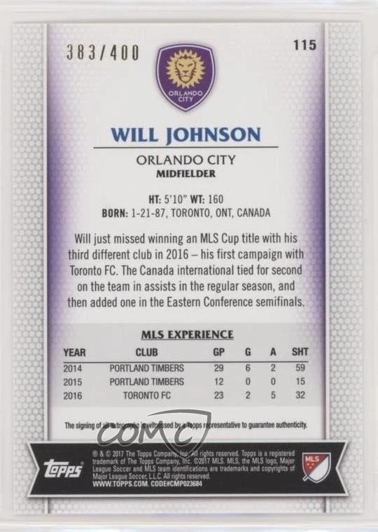 2017 Topps MLS Auto /400 Will Johnson #115 Auto - Image 2 of 2
