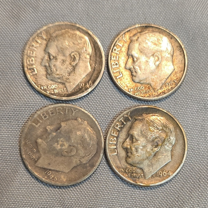 US Roosevelt Dimes Lot of 4 Silver 10C Business Strike 1946 1948 1963 1964