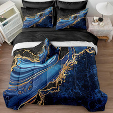 Elegant Black Gold Blue Marble 8-Piece King Bedding Set with Cushion Cover