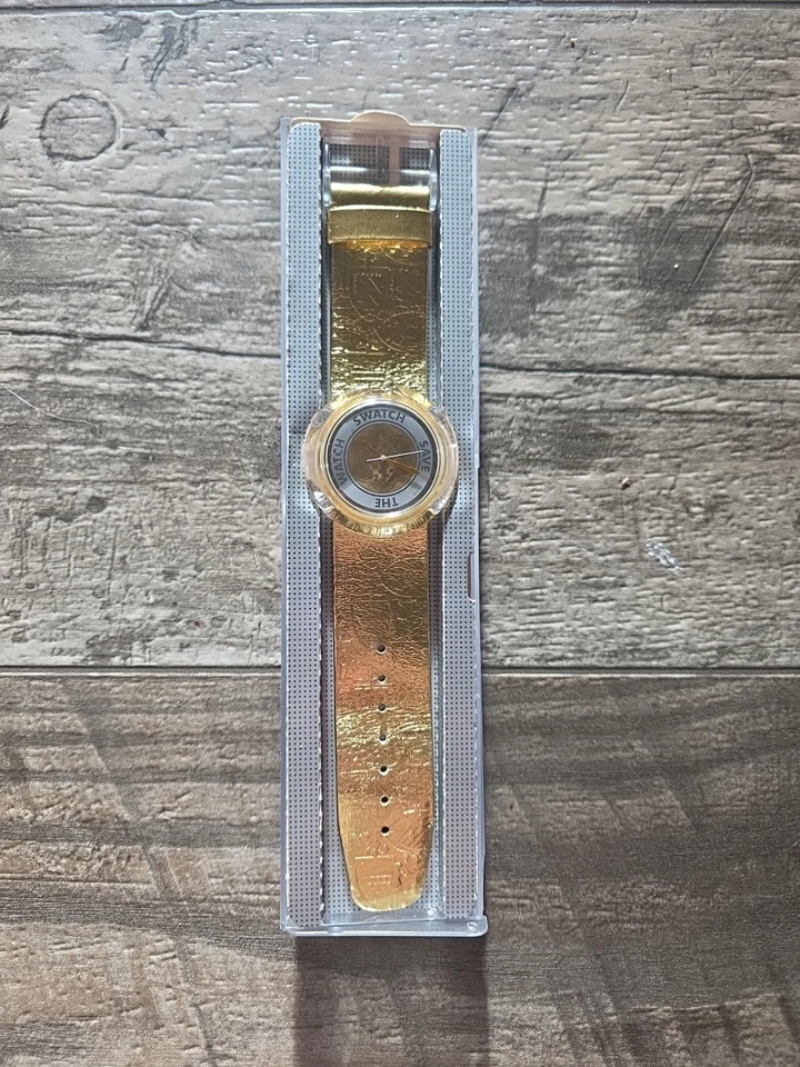 *COMO NUEVO RARO* 1992 POP SWATCH GUINEVERE 'Save The Watch' PWK169 Reloj Dorado DE COLECCIÓN Foto 3 de 4
