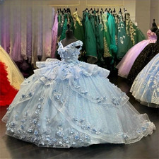 Sky Blue Sparkly Quinceanera Dresses Ball Gown Off Shoulder Tulle Floral Sweet16