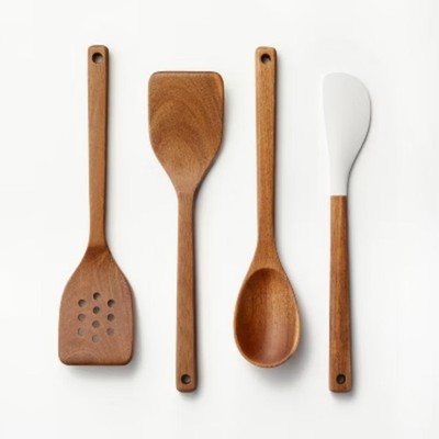 4pc Wood Kitchen Utensil Set Brown - Figmint: Wooden Cooking Utensils, Hand Wash