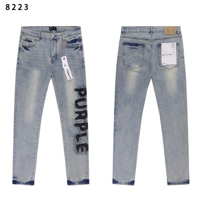 Fashion Indigo Blue Purple Brand Men's Personality Logo Printed Slim Fit Jeans