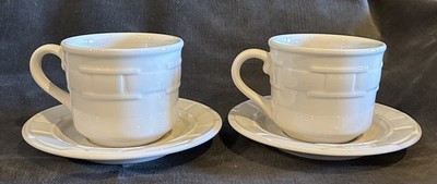 Longaberger Pottery Woven Traditions Ivory Set Of 2 Cups & Saucers EUC 10 Avail.