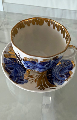 USSR Marked Porcelain Tea Cup & Saucer Set Floral White Blue Gold, 2pc