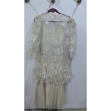 Stunning Vintage Cream Floral Embroidered Organza Overlay Dress Satin Slip 1980s