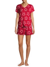 SECRET TREASURES PAJAMAS SHORTS SET V-NECK STARS RED WHITE BANDANA POCKETS S