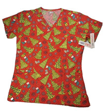 Red Christmas Tree Tapered 4 Way Stretch Scrub Top Medium 10-12 New