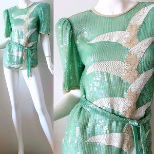 80s-Vintage-Sequin-Silk-Beaded-Chevron-Pastel-Belted-Disco-Party-Blouse-XS