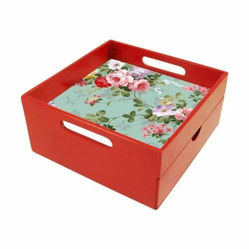 Engineered Wood Vintage Flower Print Wooden Tray with Drawer for Kitchen Use - Image 2 of 3