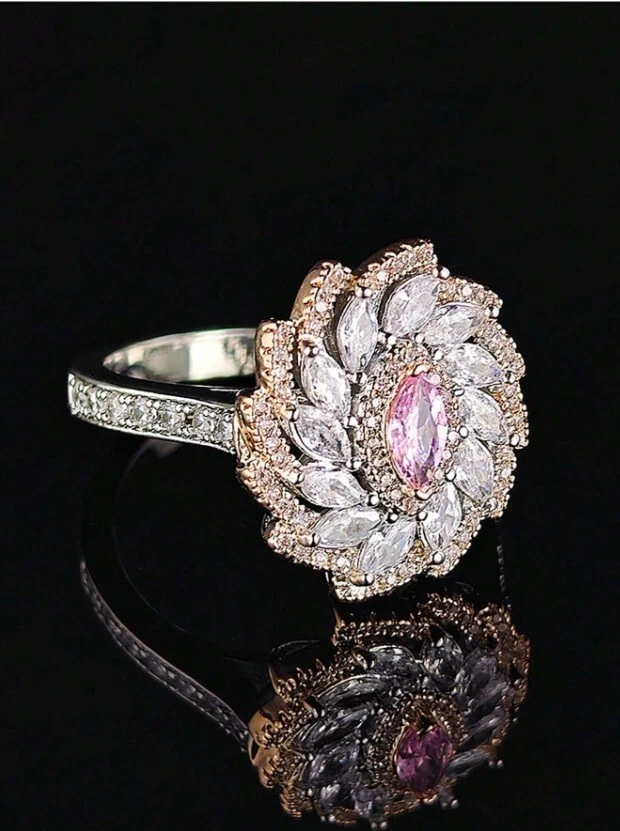 935 Silver With 6.56CT Simulated pink & White Sapphire Unique Flower Women Ring - Image 3 of 4