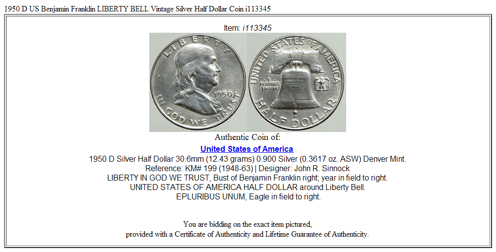 1950 D US Benjamin Franklin LIBERTY BELL Vintage Silver Half
