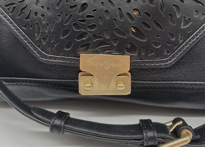 Foley + Corinna Black Laser Cut Leather Crossbody Bag Flap Gold Hardware