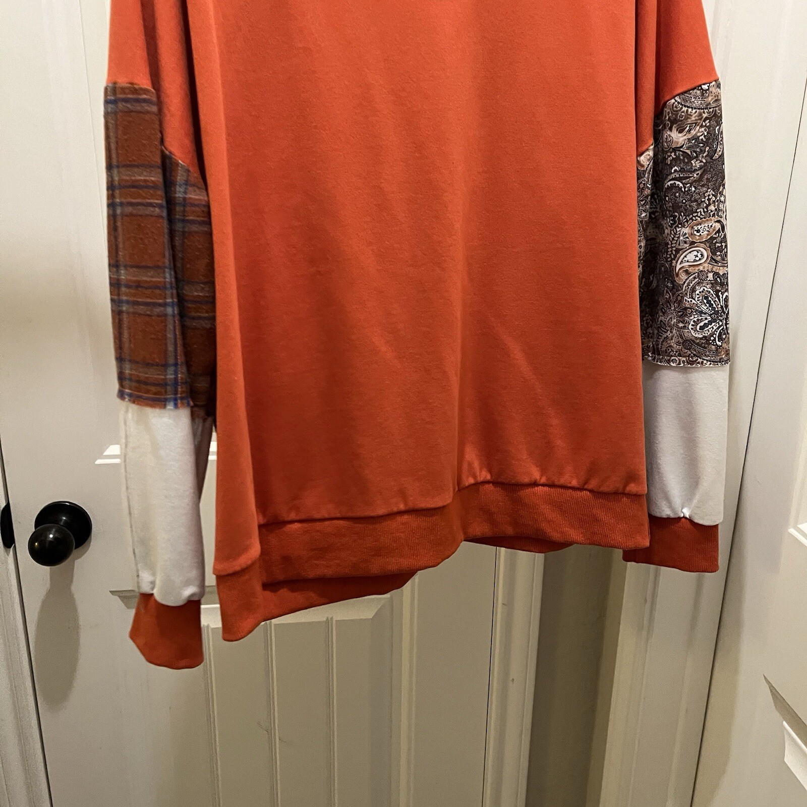 Womens Patchwork Mixed Print Orange Fall Pullover… - image 9