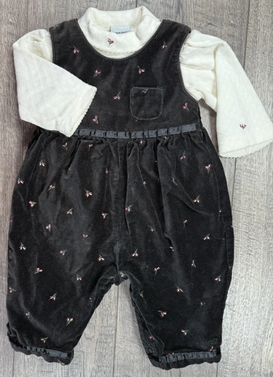 Baby Girl Clothes Vintage Oshkosh 3-6 Month Black Rosebud Overalls Outfit