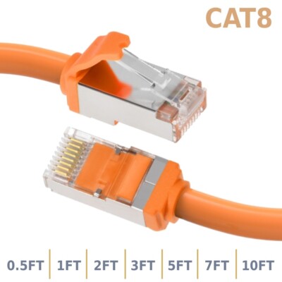 0.5 1 2 3 5 7 10FT Ethernet Cat8 RJ45 S/FTP Cable Shield Cord 28AWG 2GHz Orange